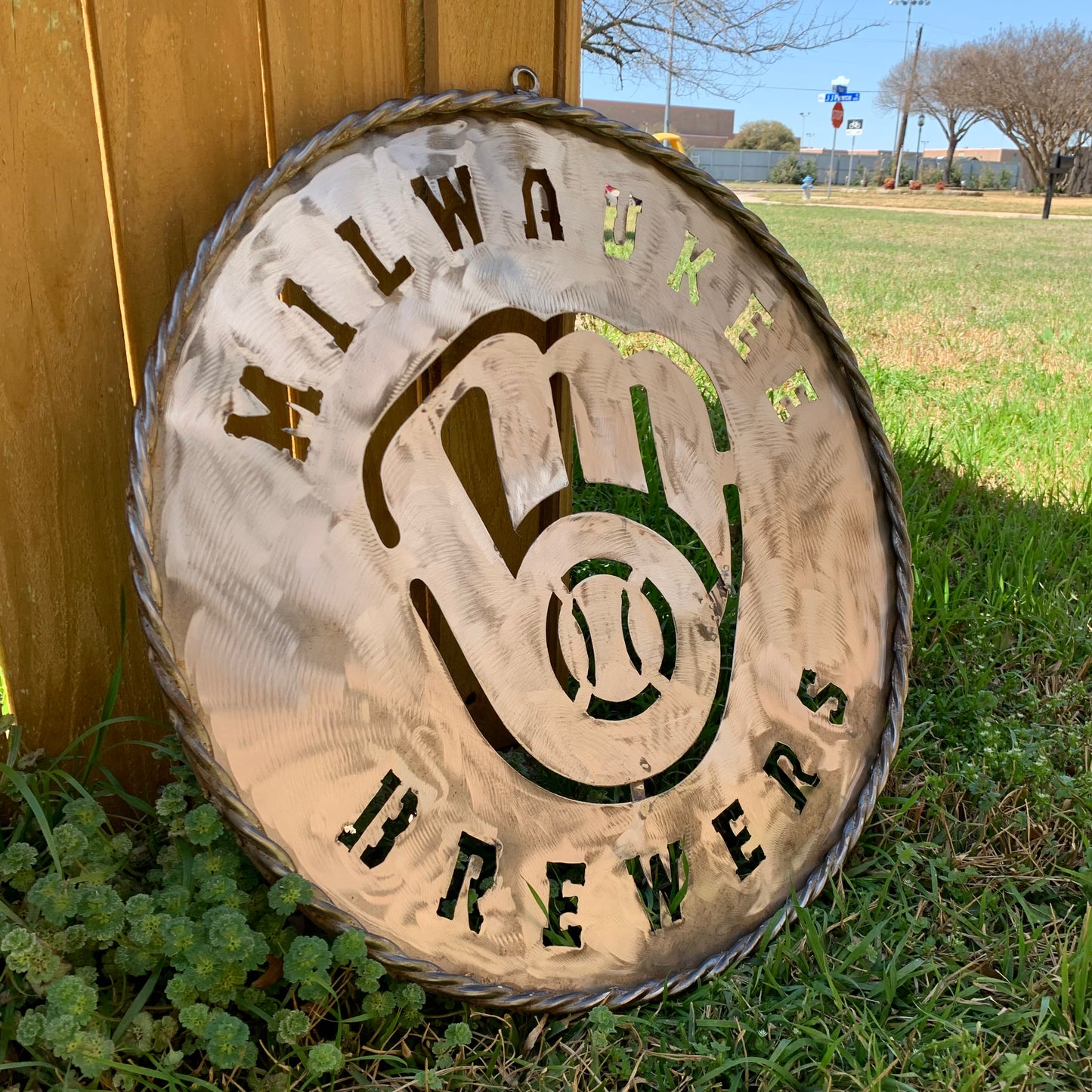 24" MILWAUKEE BREWERS RAW METAL WIDE BAND DISC STYLE CUSTOM METAL VINTAGE CRAFT TEAM SIGN HANDMADE