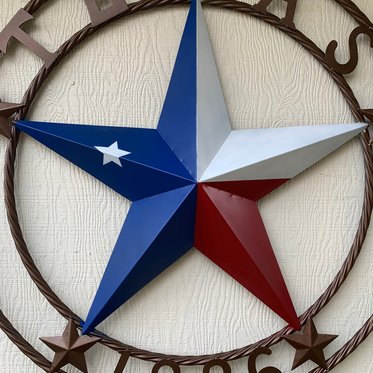 TEXAS 1836  FLAG STAR RED WHITE BLUE BARN STAR TWISTED ROPE RING BRONZE WESTERN HOME DECOR  #EH10958