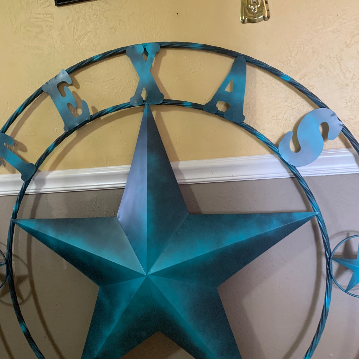 TEXAS LONESTAR TURQUOISE DISTRESSED TWO TONE METAL BARN STAR TWISTED ROPE RING WALL ART WESTERN HOME DECOR HANDMADE NEW #EH10483