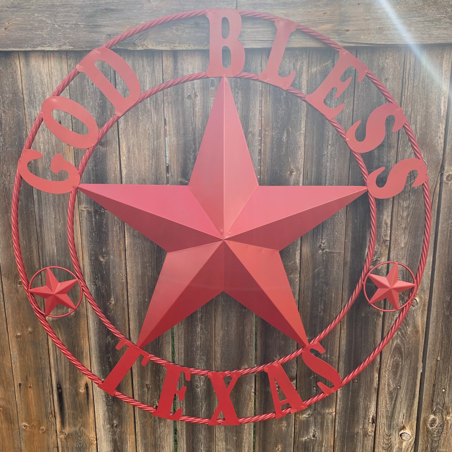 24",32",40",50" BURGUNDY RED GOD BLESS TEXAS BARN STAR ROPE RING METAL WALL ART WESTERN HOME DECOR NEW
