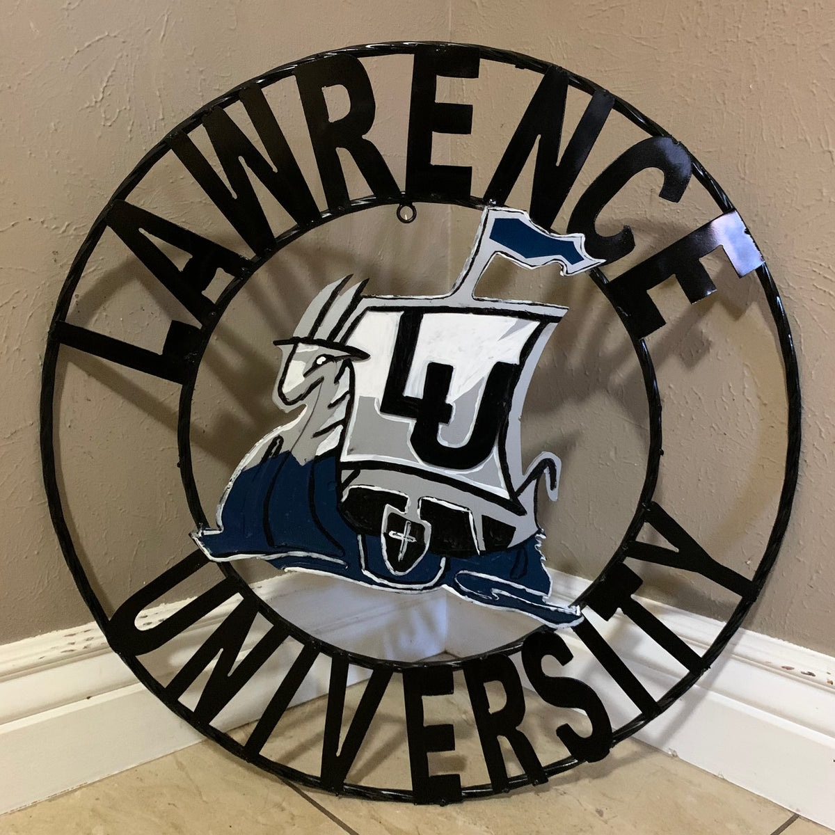LAWRENCE UNIVERSITY METAL CUSTOM VINTAGE CRAFT WALL ART RUSTIC BLUE SILVER WHITE TEAM SIGN HANDMADE