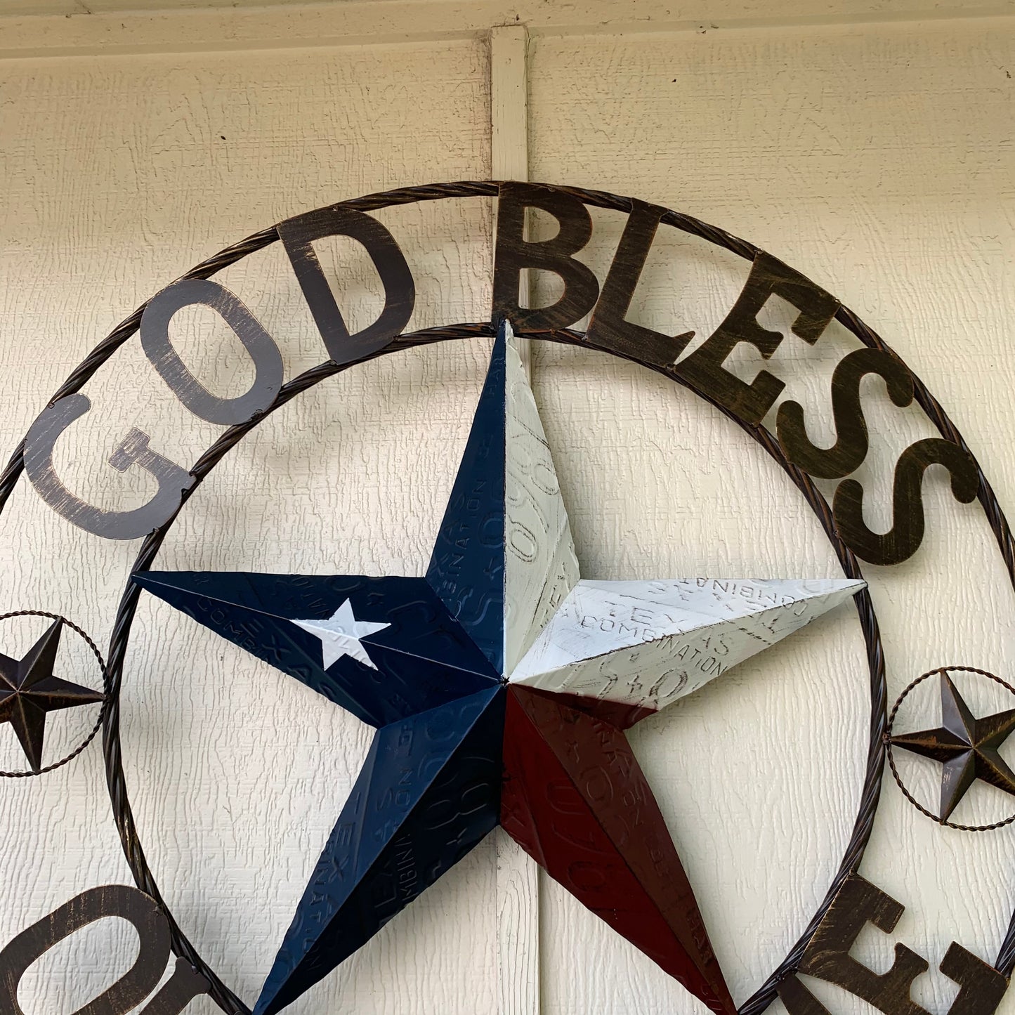 GOD BLESS OUR HOME LICENSE PLATE BARN METAL STAR ROPE RING WALL ART WESTERN HOME DECOR RED WHITE BLUE HANDMADE #EH12927
