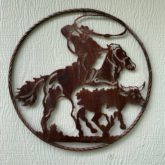 22" ROPING COWBOY LASER CUT  METAL WALL ART RUSTIC COPPER VINTAGE