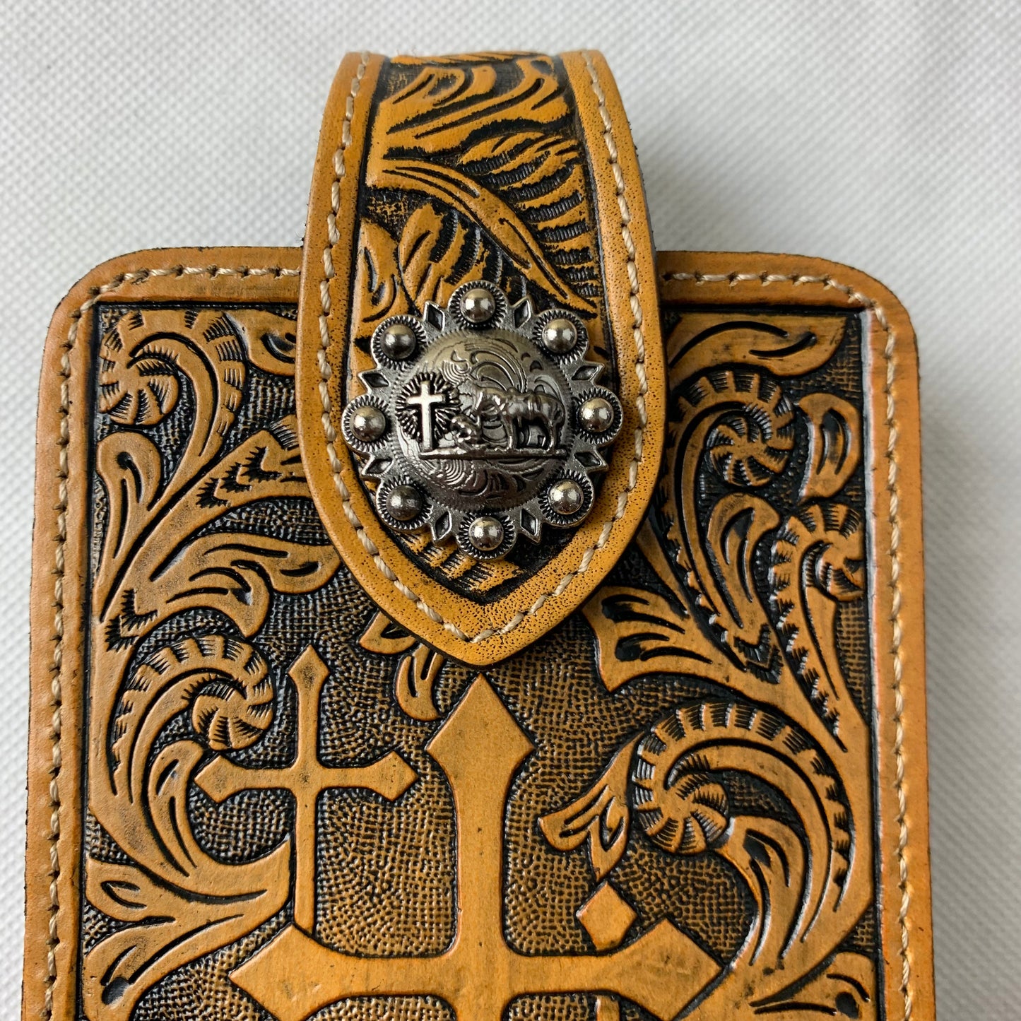 7" COWBOY PRAYER CROSS TAN BROWN  LEATHER POUCH EXTRA LARGE  BELT LOOP HOLSTER CELL PHONE CASE UNIVERSAL OVERSIZE #EH12968