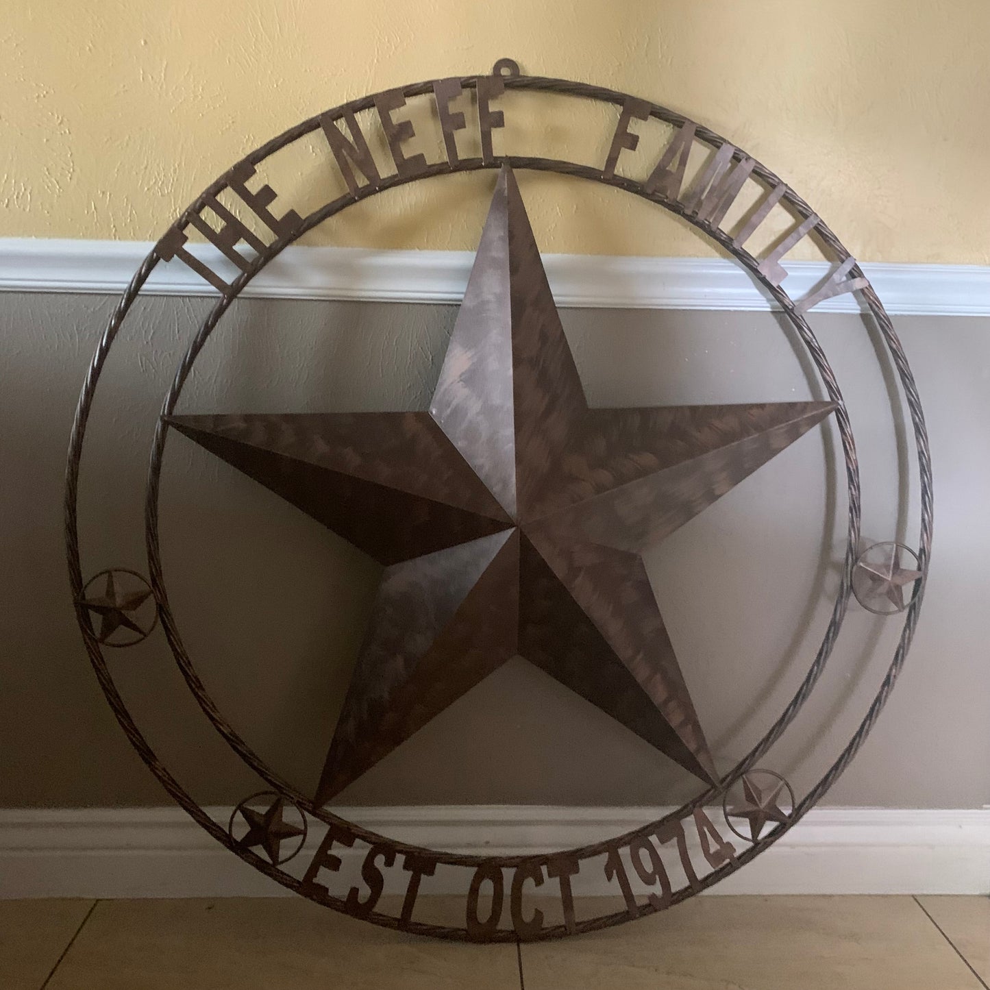 COLOMINA STYLE YOUR CUSTOM NAME BARN STAR BRONZE BRUSH COPPER METAL STAR 3d TWISTED ROPE RING COLOMINA WESTERN HOME DECOR RUSTIC VINTAGE HANDMADE 24",32",36",40",42",44",46",50"