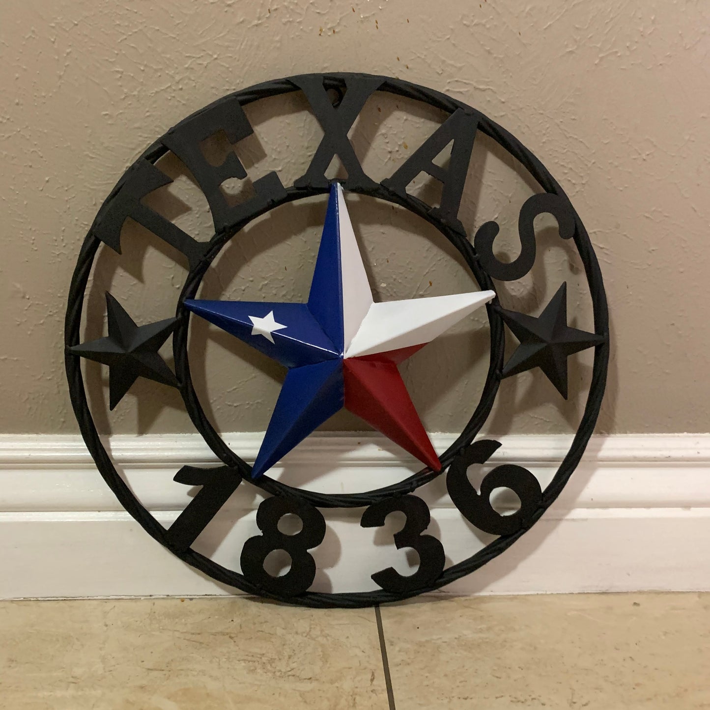 16" TEXAS 1836 RED WHITE BLUE TEXAS FLAG STAR & BLACK RING BARN STAR METAL WALL WESTERN HOME DECOR HANDMADE NEW ART
