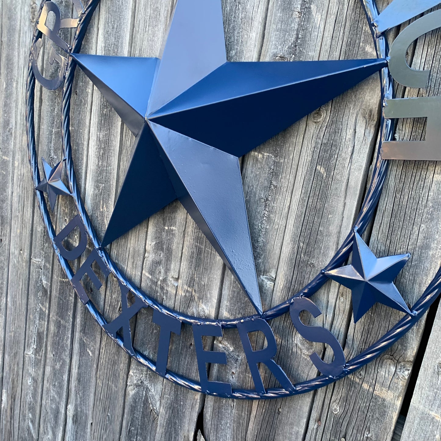 GRAND G RANCH STYLE CUSTOM NAME STAR RUSTIC NAVY BLUE METAL BARN STAR ROPE RING WESTERN HOME DECOR HANDMADE
