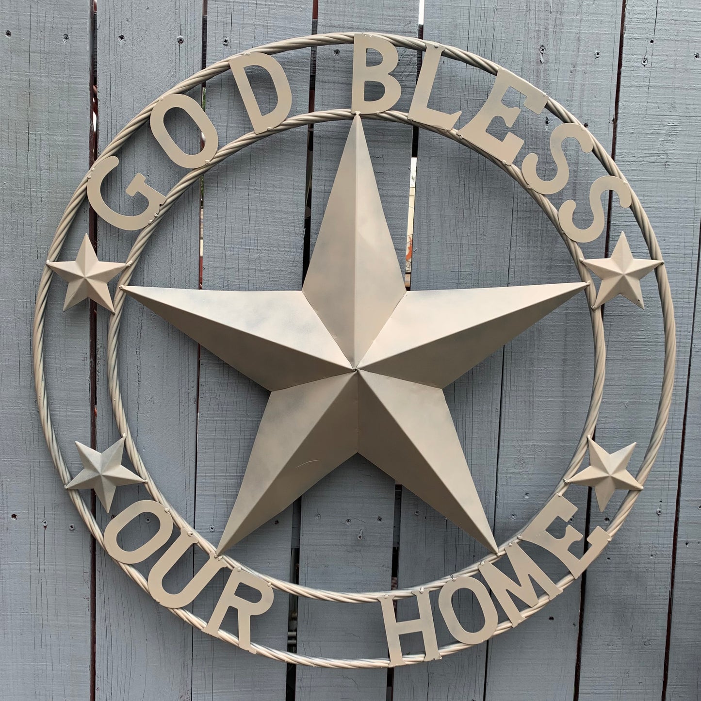 GOD BLESS OUR HOME RUSTIC BEIGE BARN METAL STAR ROPE RING WALL ART WESTERN HOME DECOR HANDMADE NEW #EH11686