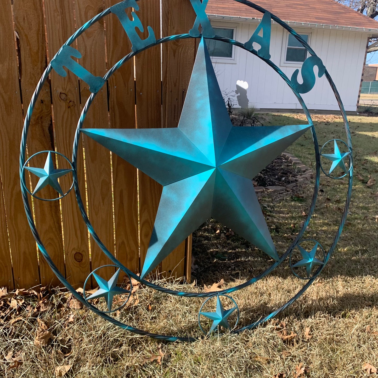 TEXAS LONESTAR TURQUOISE DISTRESSED TWO TONE METAL BARN STAR TWISTED ROPE RING WALL ART WESTERN HOME DECOR HANDMADE NEW #EH10483