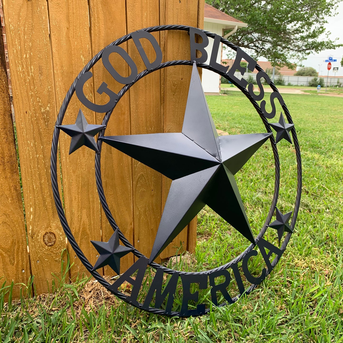 GOD BLESS AMERICA NAVY BLUE METAL BARN STAR RING ART WESTERN HOME DECOR NEW-#EH10131