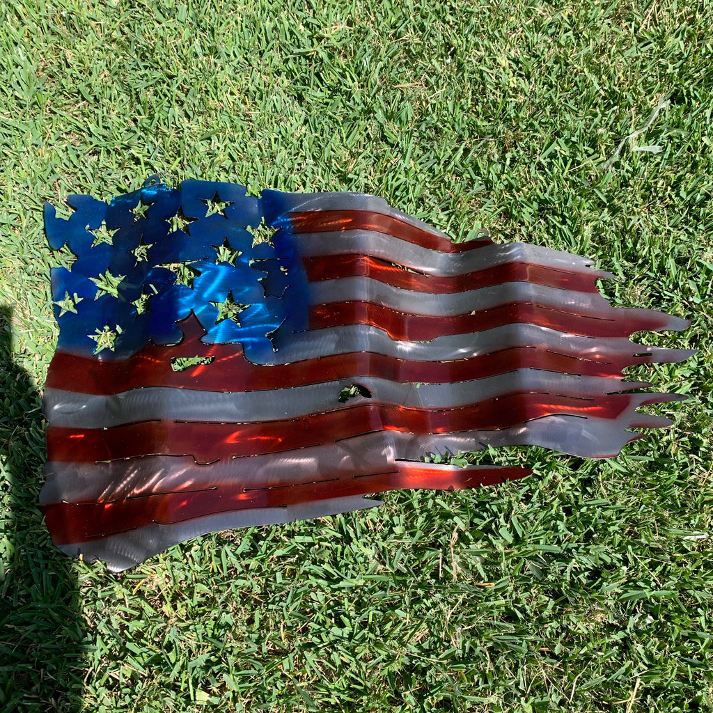 USA TATTERED AMERICAN FLAG METAL WALL ART WESTERN HOME DECOR HANDMADE –