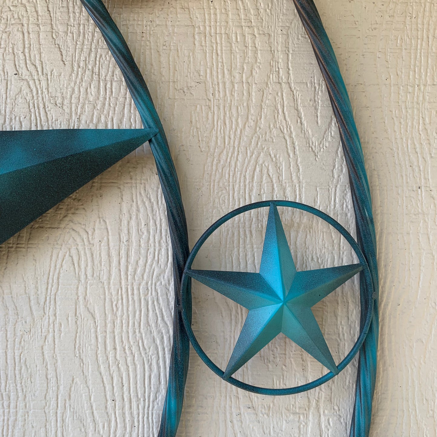 TEXAS LONESTAR TURQUOISE DISTRESSED TWO TONE METAL BARN STAR TWISTED ROPE RING WALL ART WESTERN HOME DECOR HANDMADE NEW #EH10483