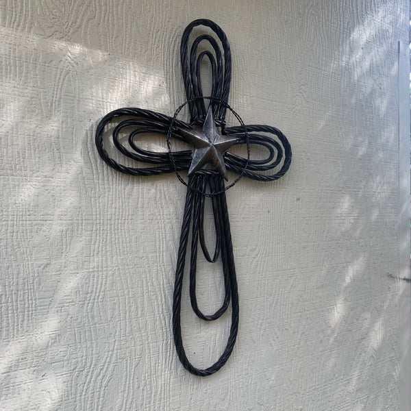 #EH80002 STAR WROUGHT IRON METAL CROSS WALL ART DARK SILVER GREY WESTERN HOME DECOR HANDMADE