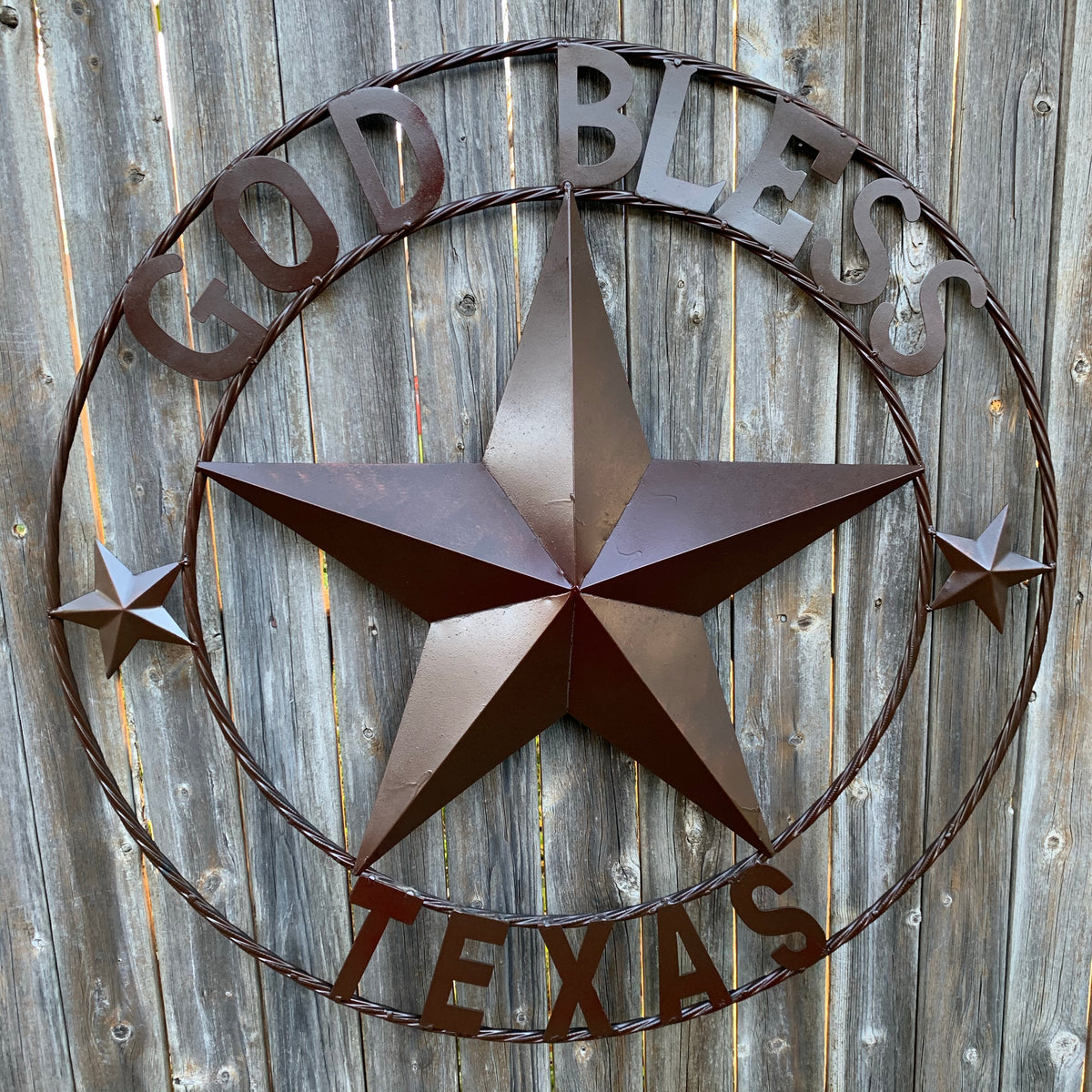 GOD BLESS TEXAS BROWN BARN STAR METAL LONE STAR TWISTED ROPE RING WESTERN HOME DECOR HANDMADE NEW #EH11085