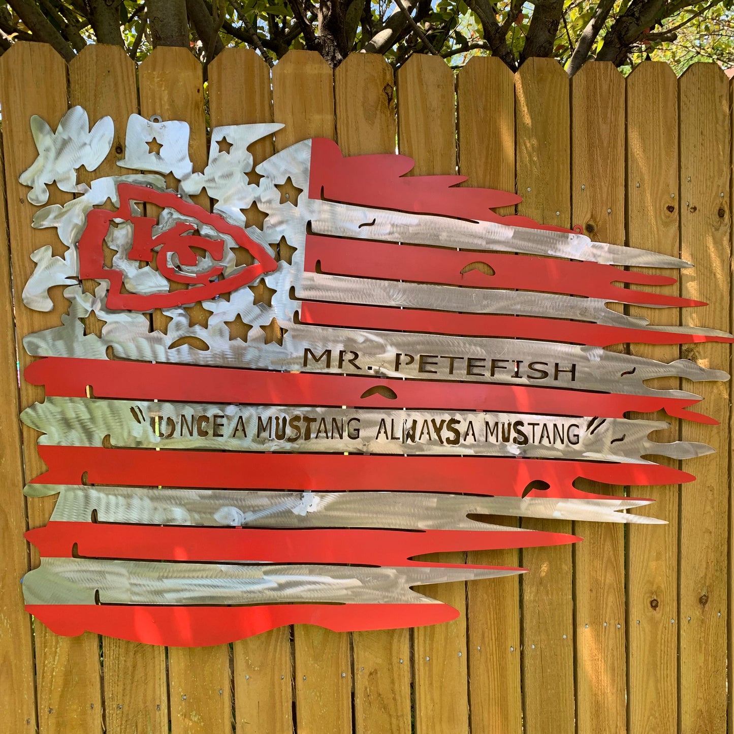 CUSTOM NAME KANSAS CITY CHIEFS METAL TATTERED FLAG CUSTOM VINTAGE CRAFT WALL ART HANDMADE
