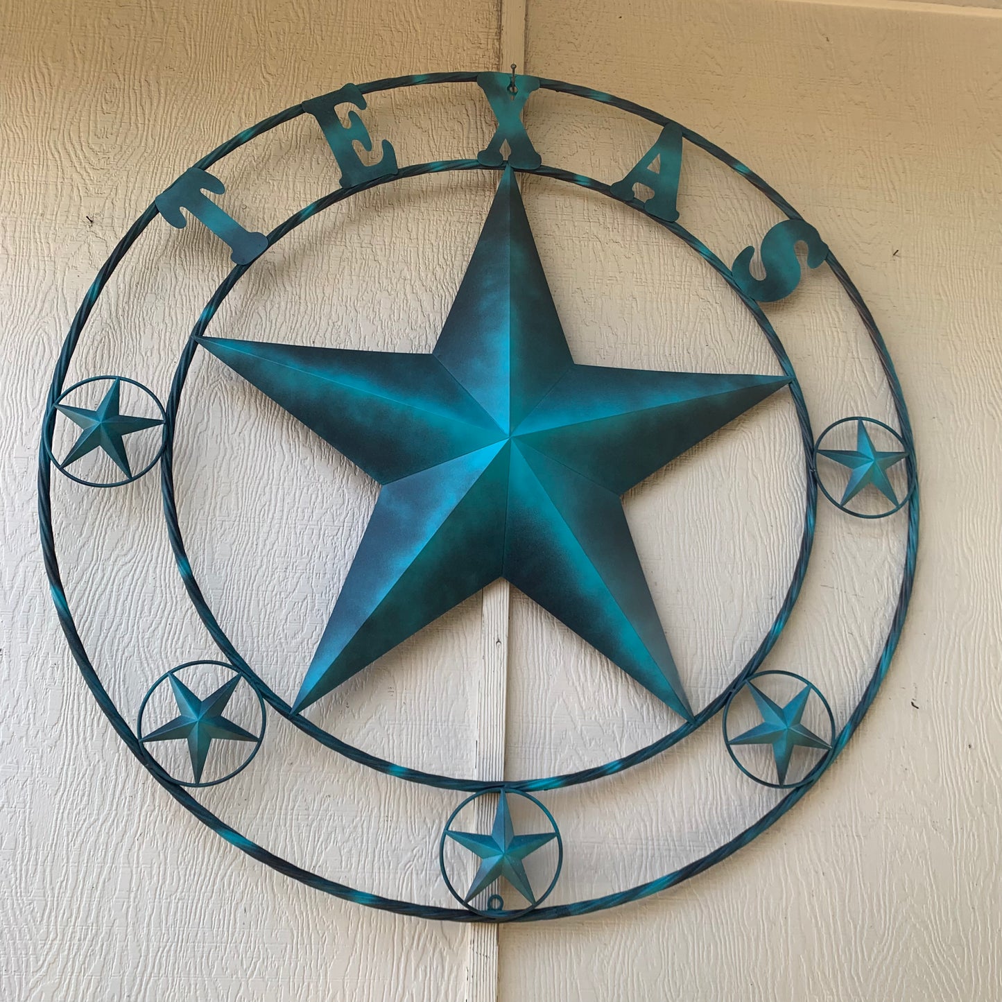 TEXAS LONESTAR TURQUOISE DISTRESSED TWO TONE METAL BARN STAR TWISTED ROPE RING WALL ART WESTERN HOME DECOR HANDMADE NEW #EH10483