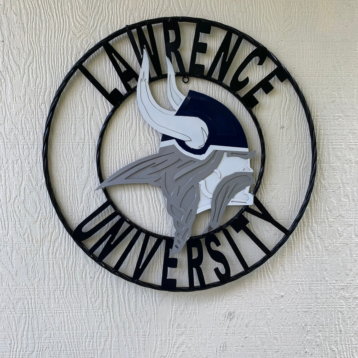 LAWRENCE UNIVERSITY METAL CUSTOM VINTAGE CRAFT WALL ART RUSTIC BLUE SILVER WHITE TEAM SIGN HANDMADE