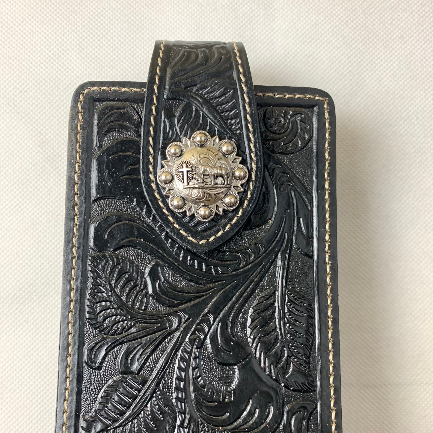 #WS341D 7" COWBOY PRAYER HOLSTER BLACK LEATHER POUCH EXTRA LARGE  BELT LOOP CELL PHONE CASE UNIVERSAL OVERSIZE--FREE SHIPPING
