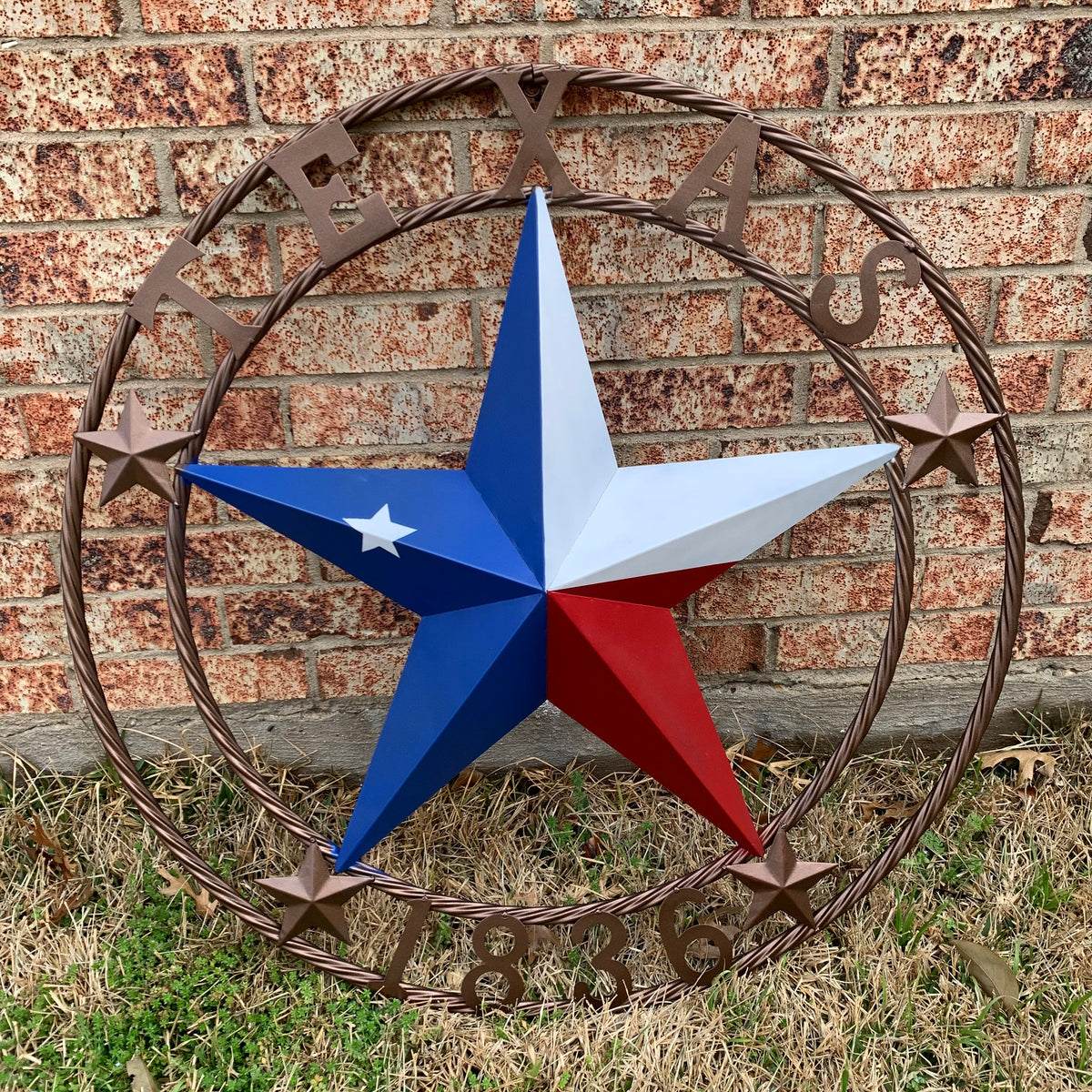 TEXAS 1836  FLAG STAR RED WHITE BLUE BARN STAR TWISTED ROPE RING BRONZE WESTERN HOME DECOR  #EH10958