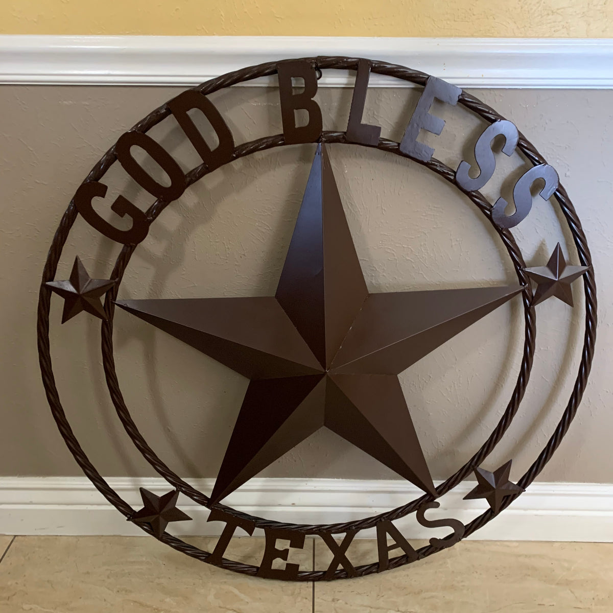 GOD BLESS TEXAS BROWN BARN STAR METAL LONE STAR TWISTED ROPE RING WESTERN HOME DECOR HANDMADE NEW #EH11085