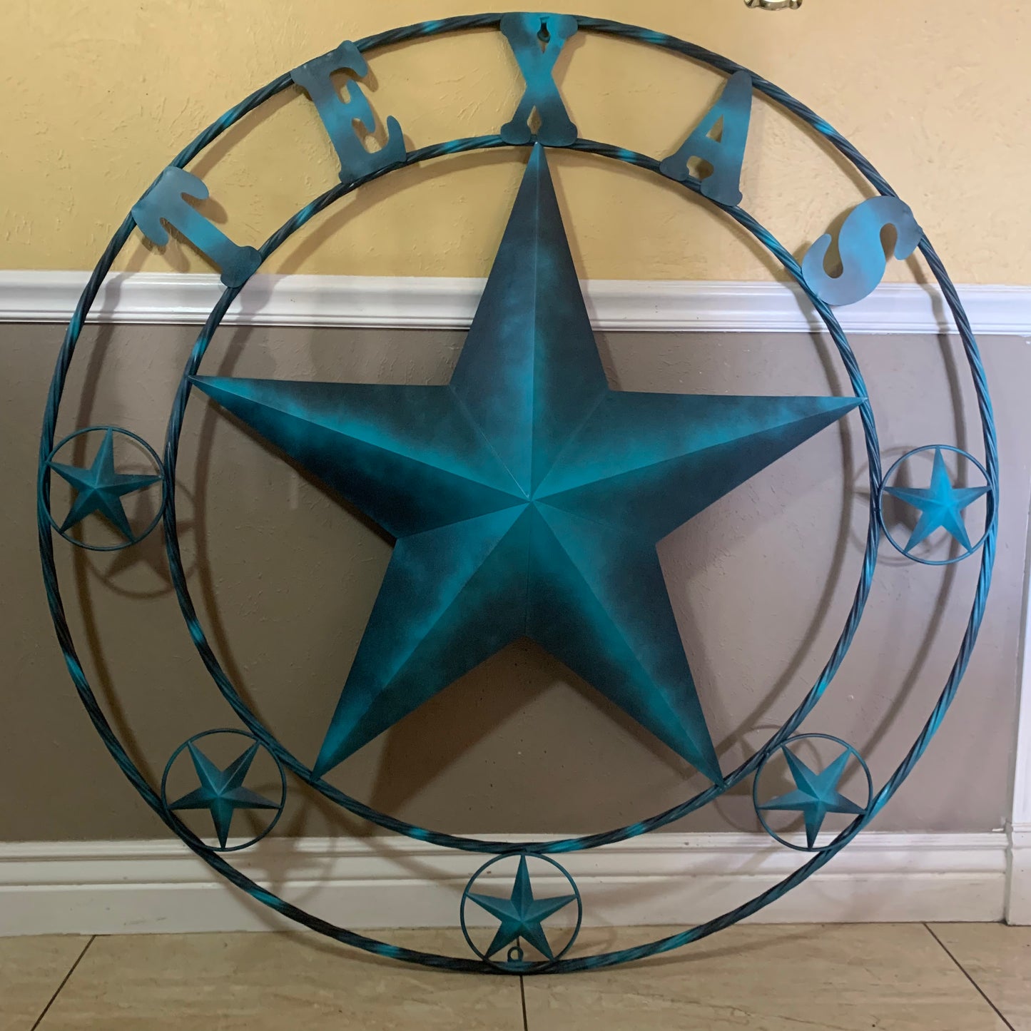 TEXAS LONESTAR TURQUOISE DISTRESSED TWO TONE METAL BARN STAR TWISTED ROPE RING WALL ART WESTERN HOME DECOR HANDMADE NEW #EH10483