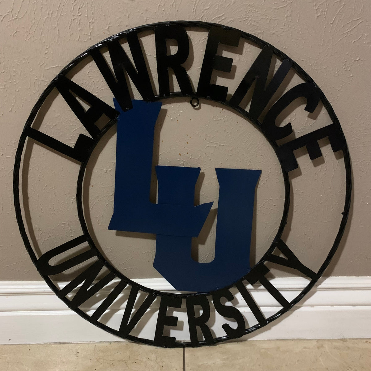 LAWRENCE UNIVERSITY METAL CUSTOM VINTAGE CRAFT WALL ART RUSTIC BLUE & BLACK TEAM SIGN HANDMADE
