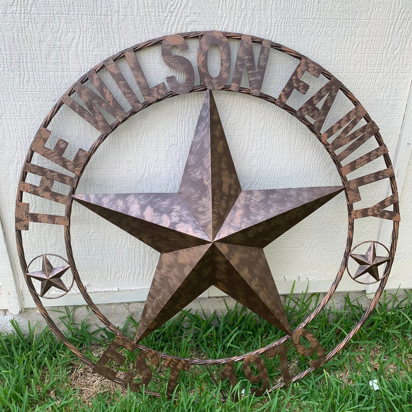 COLOMINA STYLE YOUR CUSTOM NAME BARN STAR BRONZE BRUSH COPPER METAL STAR 3d TWISTED ROPE RING COLOMINA WESTERN HOME DECOR RUSTIC VINTAGE HANDMADE 24",32",36",40",42",44",46",50"