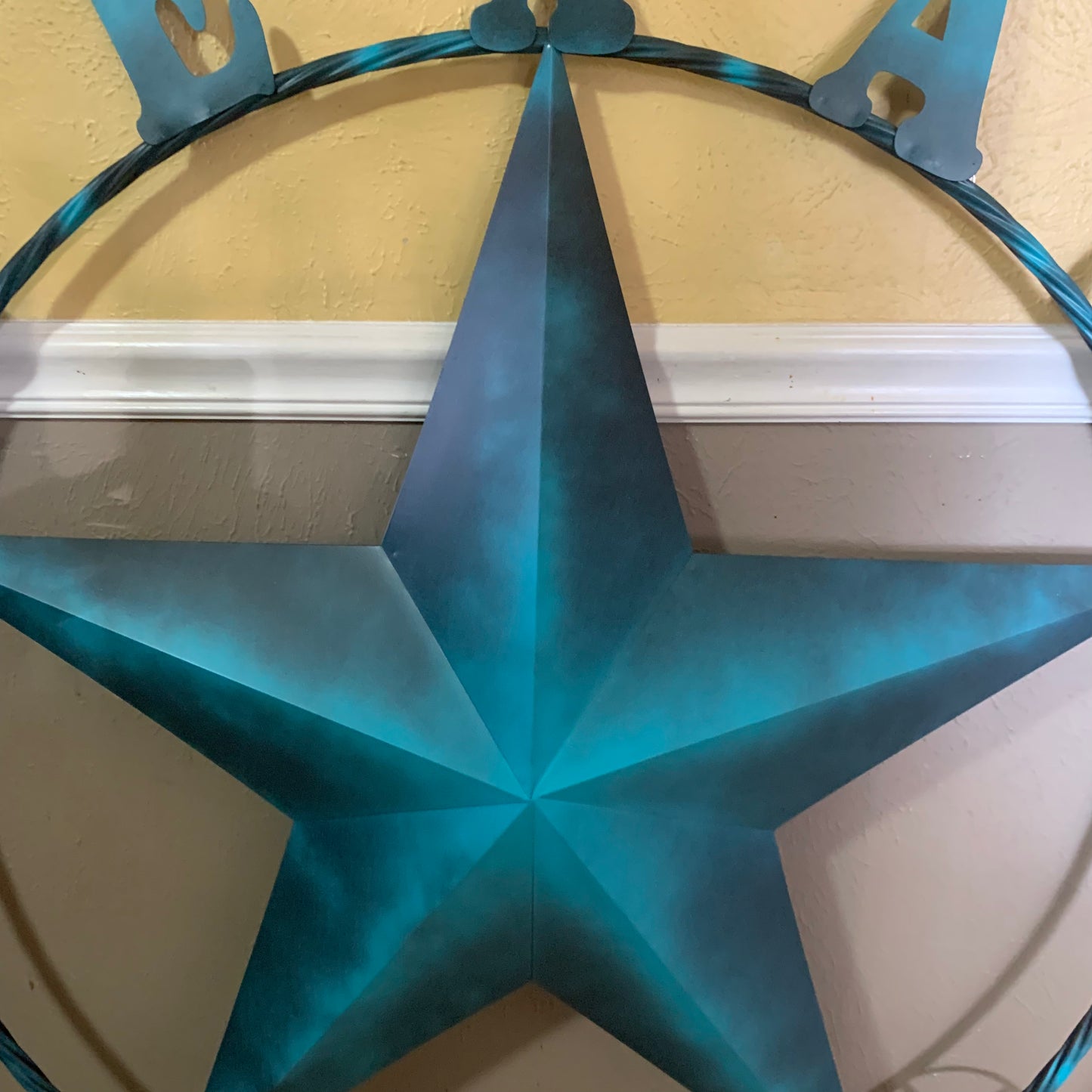 TEXAS LONESTAR TURQUOISE DISTRESSED TWO TONE METAL BARN STAR TWISTED ROPE RING WALL ART WESTERN HOME DECOR HANDMADE NEW #EH10483