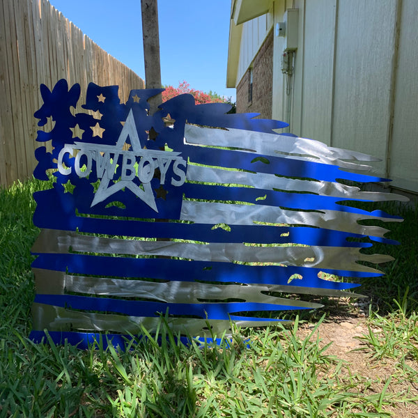 DALLAS COWBOYS METAL TATTERED FLAG BRIGHT BLUE & SILVER CUSTOM VINTAGE CRAFT TEAM SIGN HANDMADE