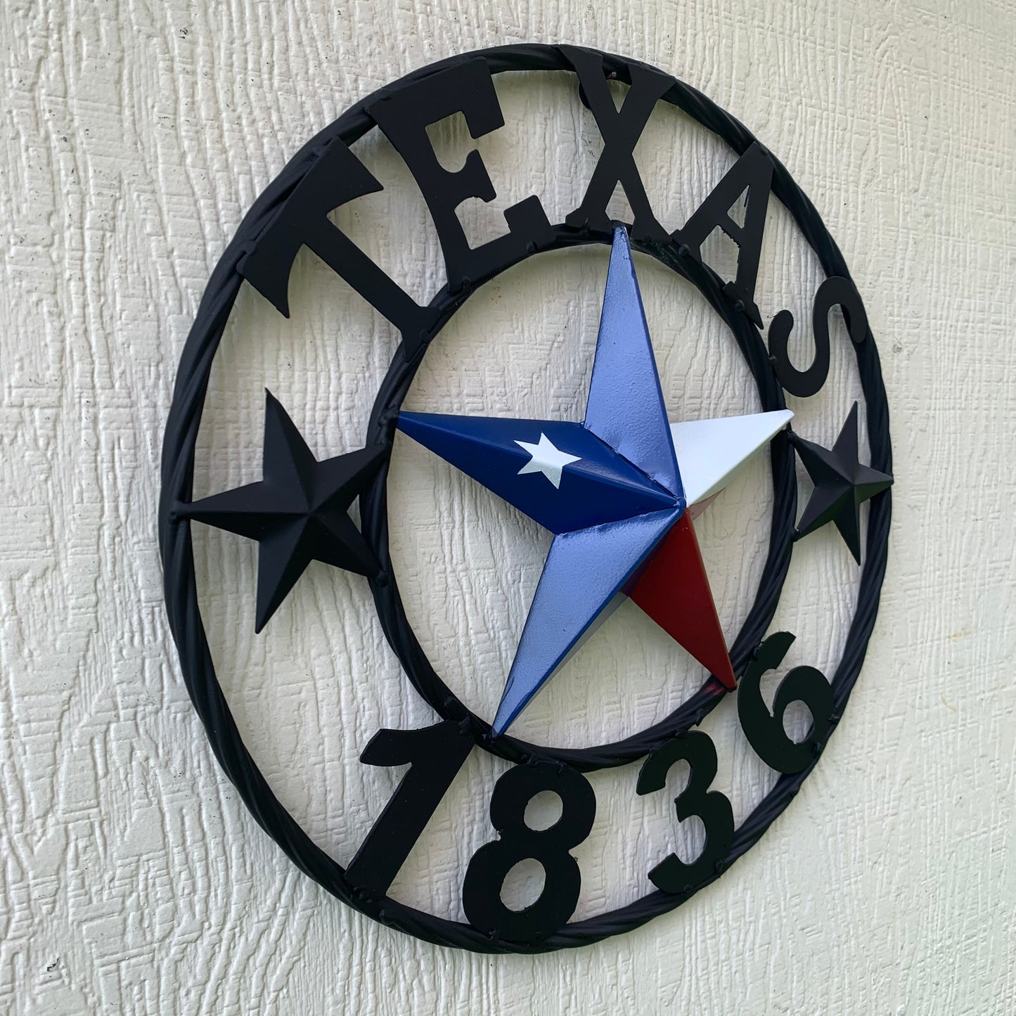 16" TEXAS 1836 RED WHITE BLUE TEXAS FLAG STAR & BLACK RING BARN STAR METAL WALL WESTERN HOME DECOR HANDMADE NEW ART