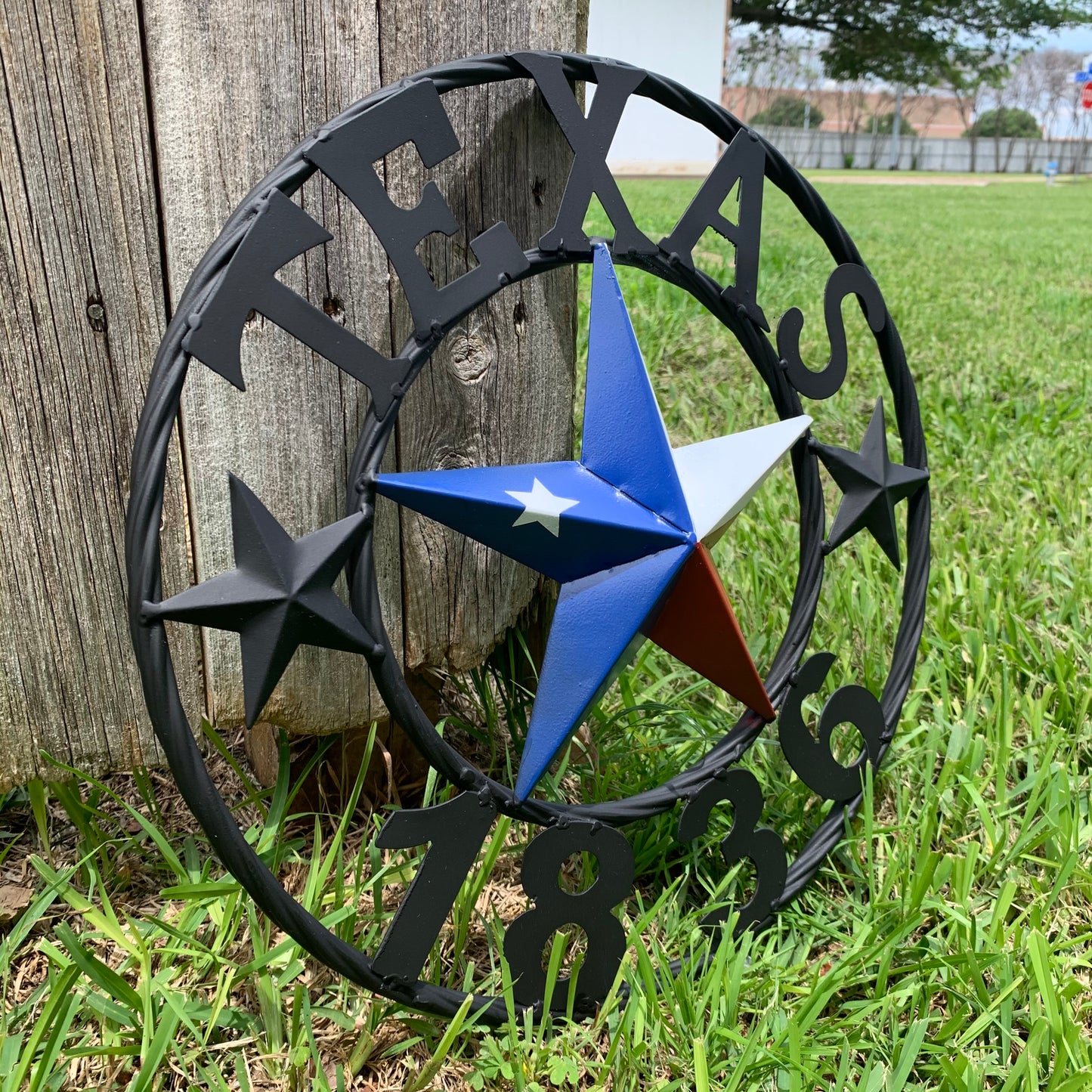 16" TEXAS 1836 RED WHITE BLUE TEXAS FLAG STAR & BLACK RING BARN STAR METAL WALL WESTERN HOME DECOR HANDMADE NEW ART