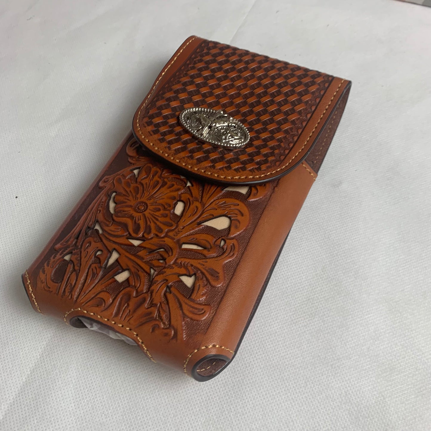 7.5" RODEO BULL RIDER TAN BEIGE LEATHER POUCH EXTRA LARGE  BELT LOOP HOLSTER CELL PHONE CASE UNIVERSAL OVERSIZE HANDMADE #EH12963