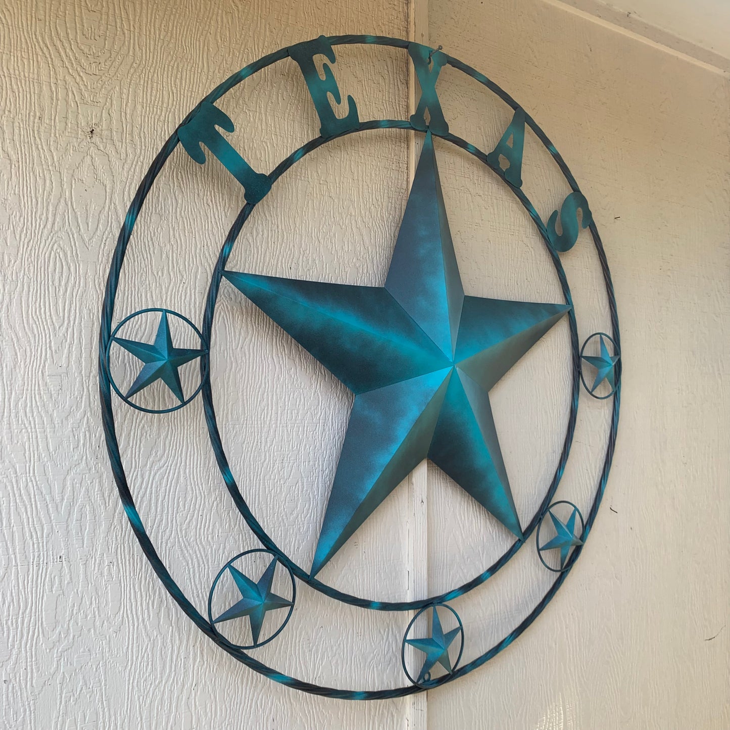 TEXAS LONESTAR TURQUOISE DISTRESSED TWO TONE METAL BARN STAR TWISTED ROPE RING WALL ART WESTERN HOME DECOR HANDMADE NEW #EH10483