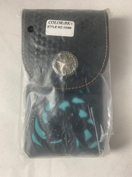 #LG1006 7" LONE STAR BLACK & TURQUOISE LEATHER POUCH EXTRA LARGE  BELT LOOP HOLSTER CELL PHONE CASE UNIVERSAL OVERSIZE--FREE SHIPPING