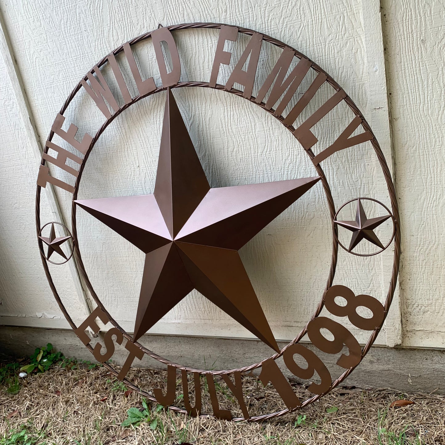 THE WILD FAMILY STYLE CUSTOM FAMILY NAME STAR METAL BARN STAR ROPE RING WESTERN HOME DECOR BRONZE HANDMADE 24",32",34",36",40",42",44",48",50"