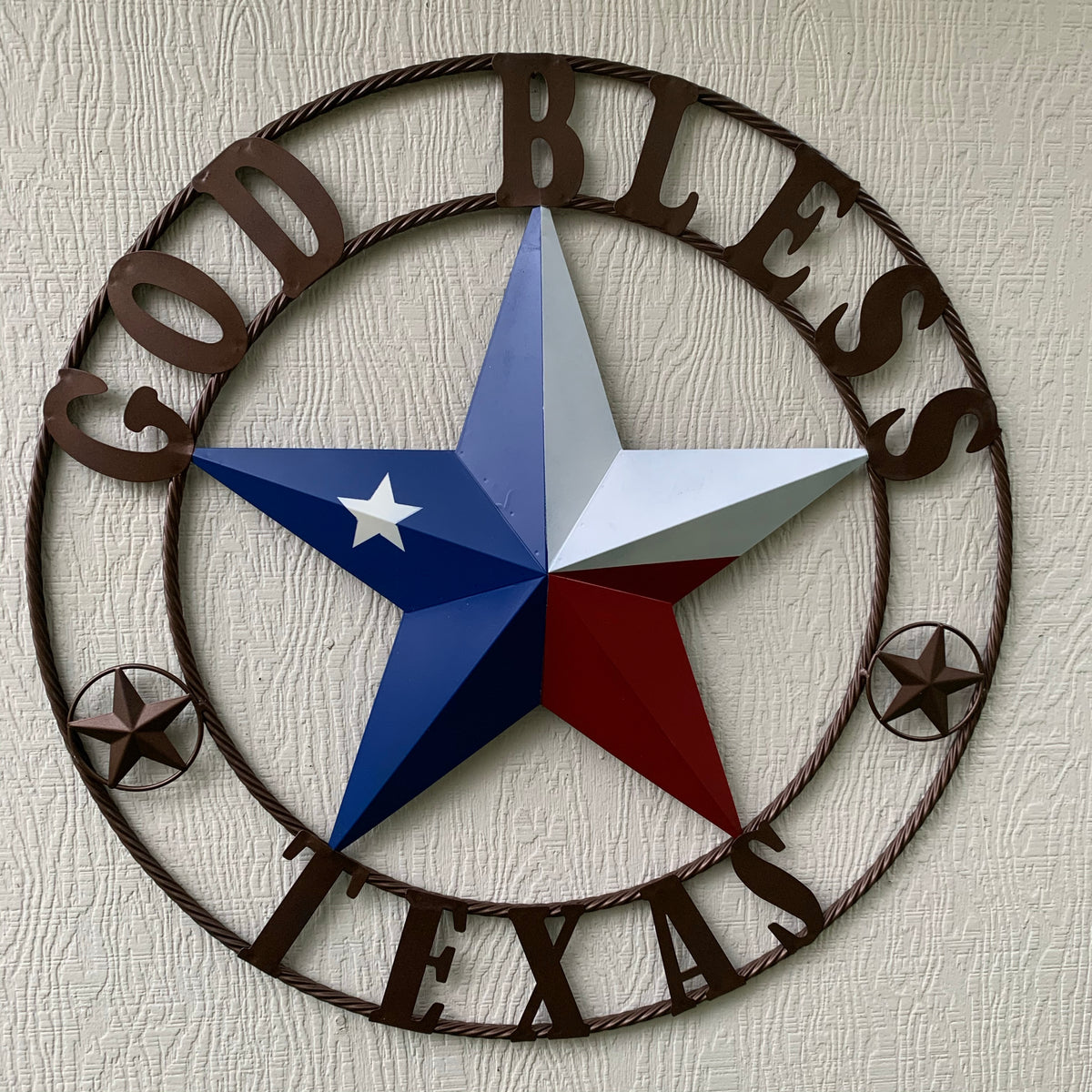 GOD BLESS TEXAS RED WHITE BLUE BARN METAL STAR BRONZE TWISTED ROPE RING WALL ART WESTERN HOME DECOR HANDMADE #EH11884