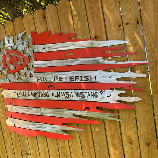 CUSTOM NAME KANSAS CITY CHIEFS METAL TATTERED FLAG CUSTOM VINTAGE CRAFT WALL ART HANDMADE