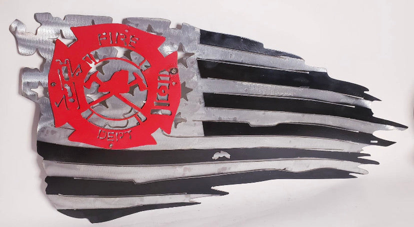 FIRE DEPT. CUSTOM METAL TATTERED FLAG WESTERN HOME DECOR BRAND NEW LASERCUT