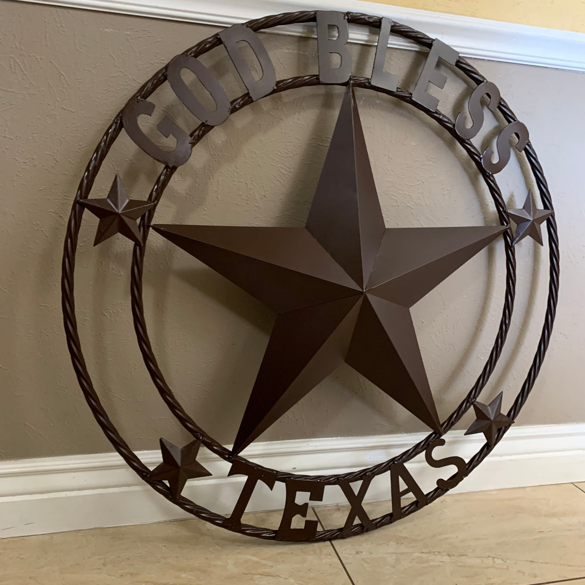 GOD BLESS TEXAS BROWN BARN STAR METAL LONE STAR TWISTED ROPE RING WESTERN HOME DECOR HANDMADE NEW #EH11085