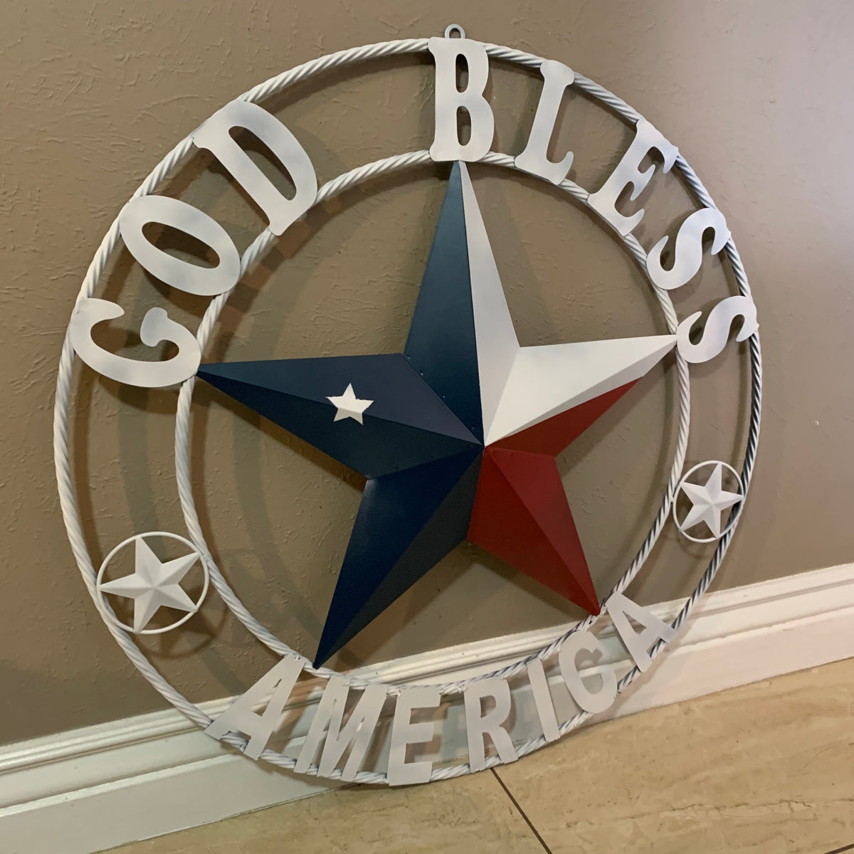 GOD BLESS AMERICA WHITE RING & RED WHITE BLUE BARN METAL STAR TWISTED RING HANDMADE NEW