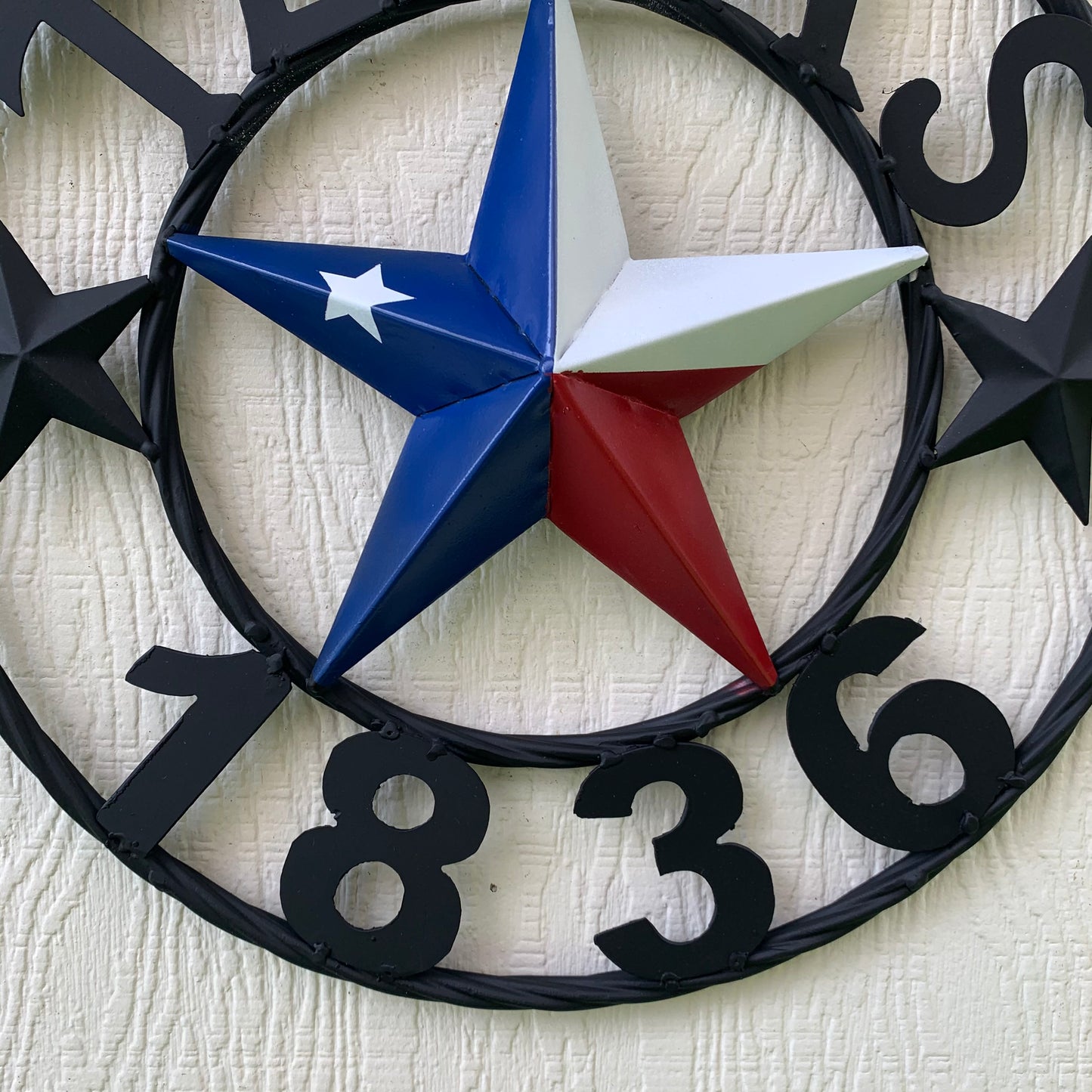 16" TEXAS 1836 RED WHITE BLUE TEXAS FLAG STAR & BLACK RING BARN STAR METAL WALL WESTERN HOME DECOR HANDMADE NEW ART