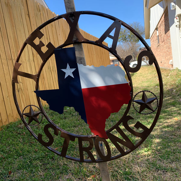 TEXAS STRONG SIGN METAL WALL ART WESTERN HOME DECOR RED WHITE BLUE WITH BRONZE RING HANDMADE #EH13212