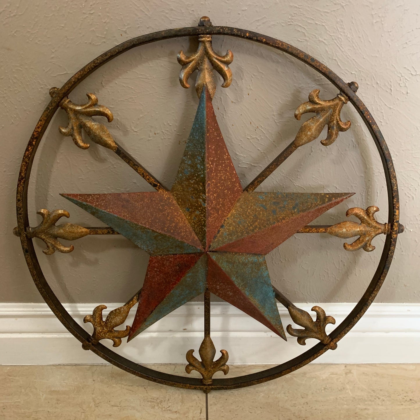 24" RUSTIC STAR & MULTI FLEUR DE LIS METAL WALL ART WESTERN HOME DECOR RED GOLD & TURQUOISE ART