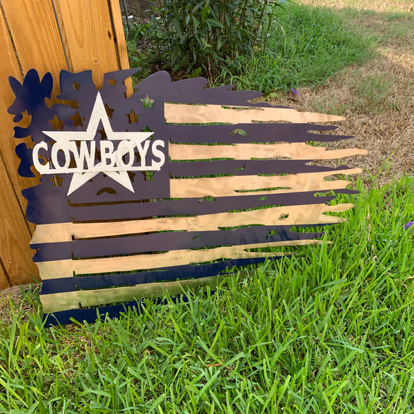 DALLAS COWBOYS METAL TATTERED FLAG NAVY BLUE, WHITE & SILVER CUSTOM VINTAGE CRAFT TEAM SIGN HANDMADE USA #EH11991