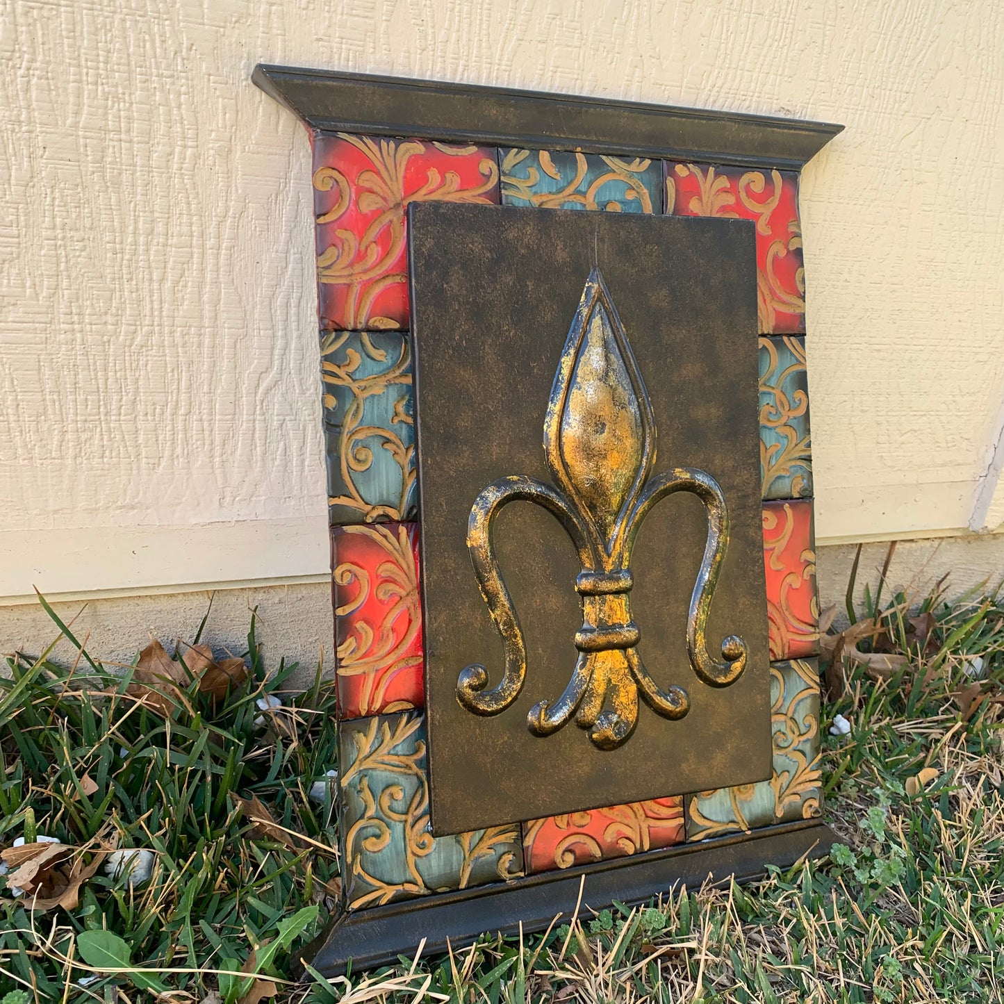 RA7868 FLEUR DE LIS SQUARE WALL DECOR WESTERN HOME DECOR 24" X 16" HANDMADE NEW