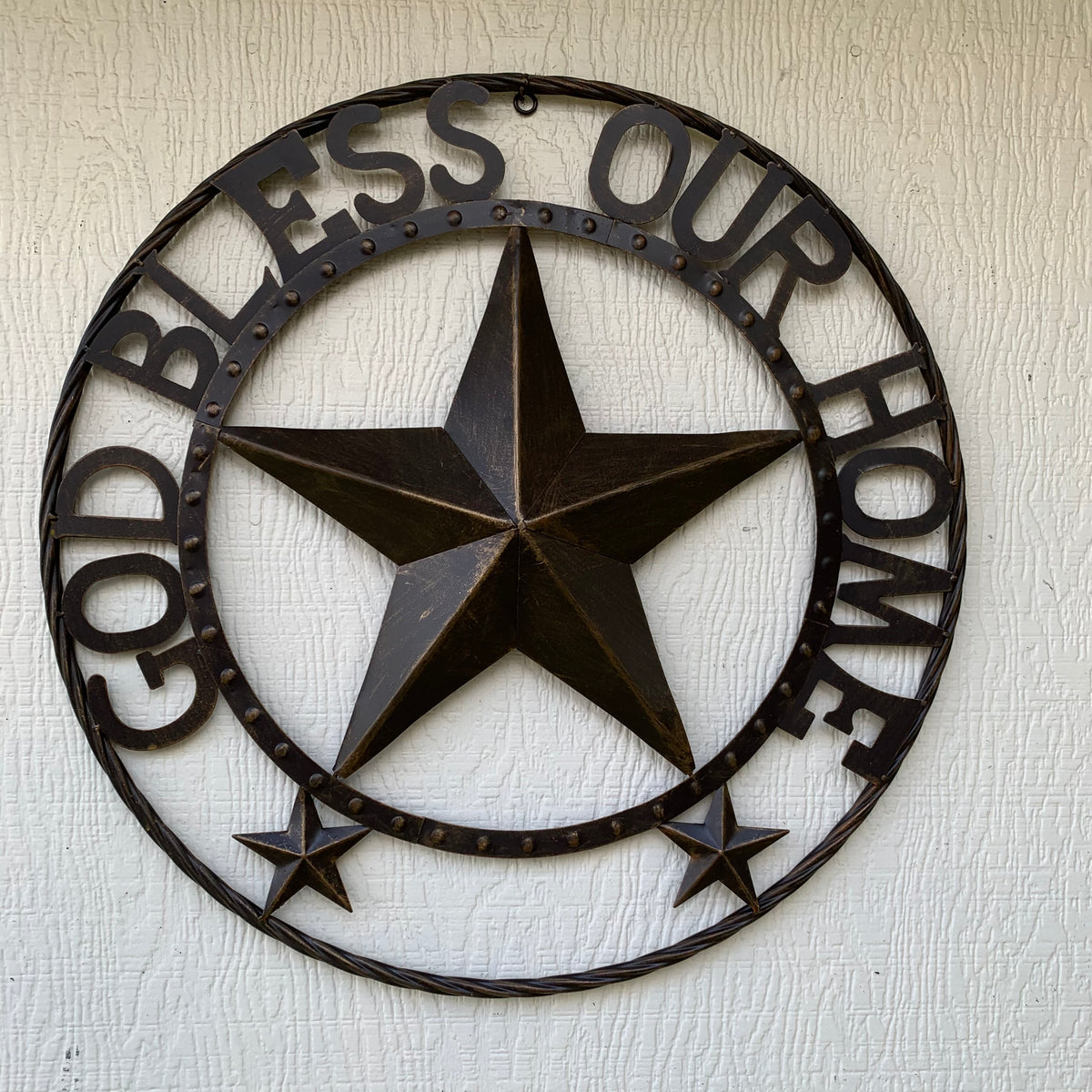 24" GOD BLESS OUR HOME BEADED STAR COLIBROX METAL TWISTED ROPE RING LONE STAR WALL ART WESTERN HOME DECOR RUSTIC DARK BRONZE COPPER HANDMADE NEW