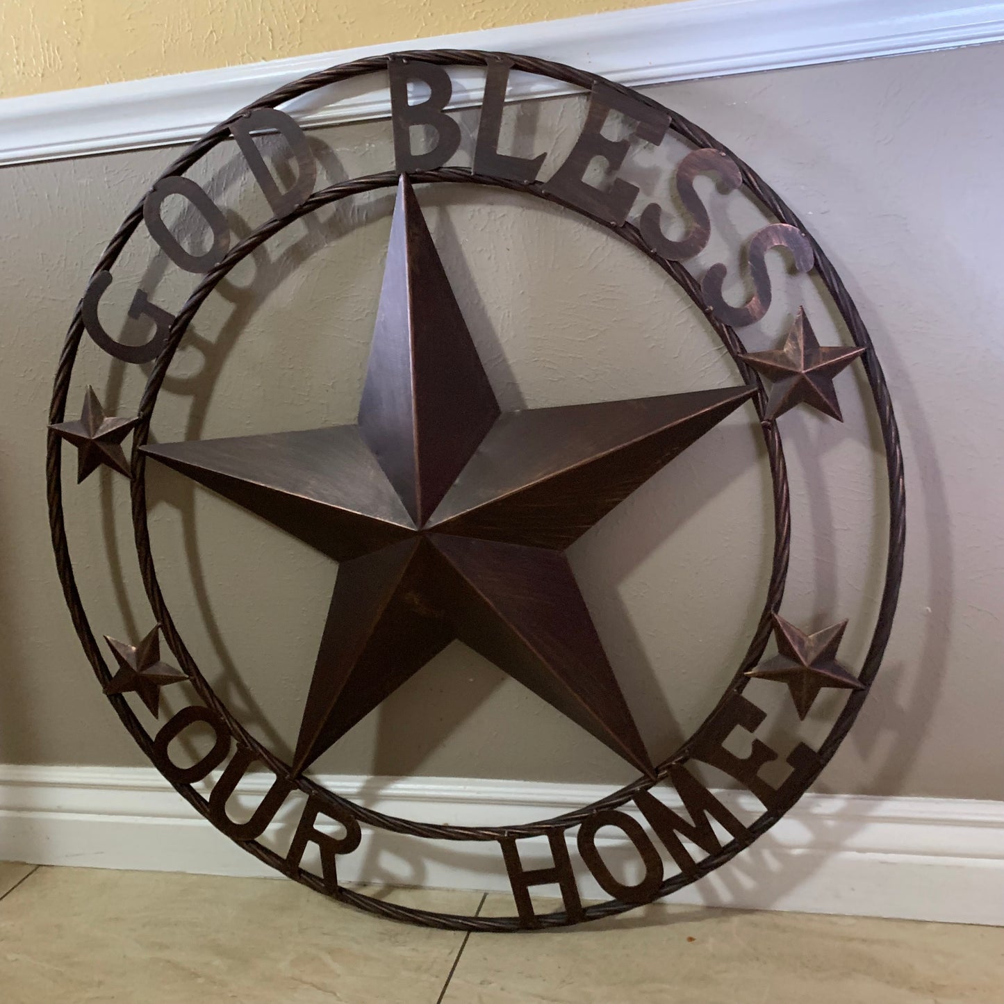 GOD BLESS OUR HOME BARN STAR METAL LONE STAR TWISTED ROPE RING WESTERN HOME DECOR HANDMADE #EH11040