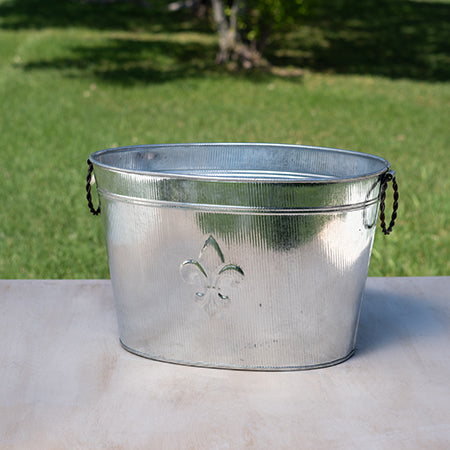 18" GALV. RIBBED FLEUR DE LIS OVAL METAL TUB BUCKET WESTERN HOME DECOR NEW