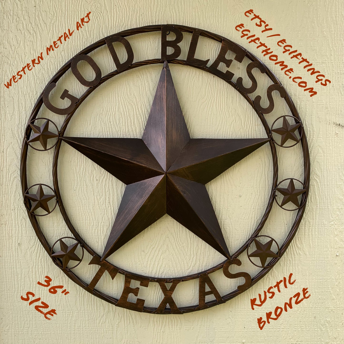 GOD BLESS TEXAS BARN 3d LONE STAR WITH 3 SMALL STARS TWISTED RING WESTERN HOME DECOR RUSTIC BRONZE HANDMADE NEW #EH11107