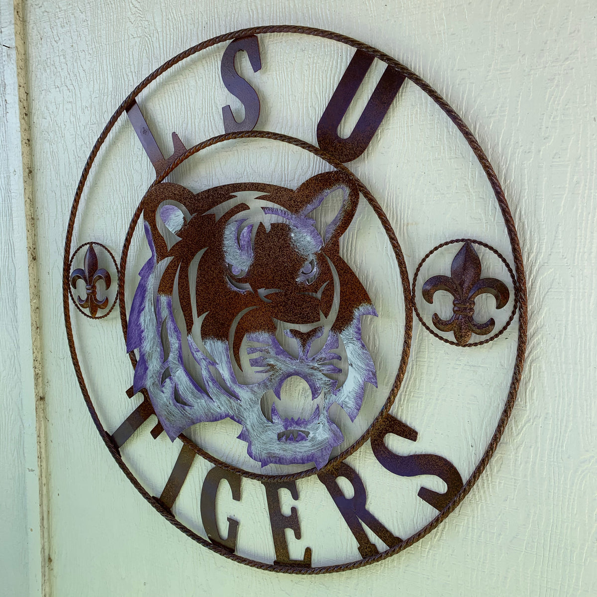 LSU TIGERS PURPLE WHITE CUSTOM METAL VINTAGE CRAFT SIGN TEAM WALL ART WESTERN HOME DECOR HANDMADE